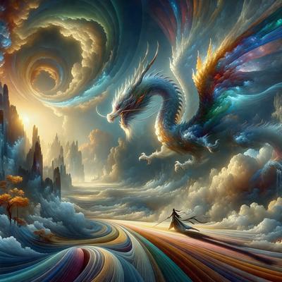 Primary subject: A dragon with a long tail and horns, flying through a colorful, swirling sky.

Setting/background: The dragon is flying in front of a backdrop of a mountain range, with a sunset in the distance.

Visual style: The image is a digital art piece, featuring a vibrant and colorful dragon.

Colors and mood: The colors in the image are predominantly shades of blue, purple, and orange, creating a lively and dynamic atmosphere.